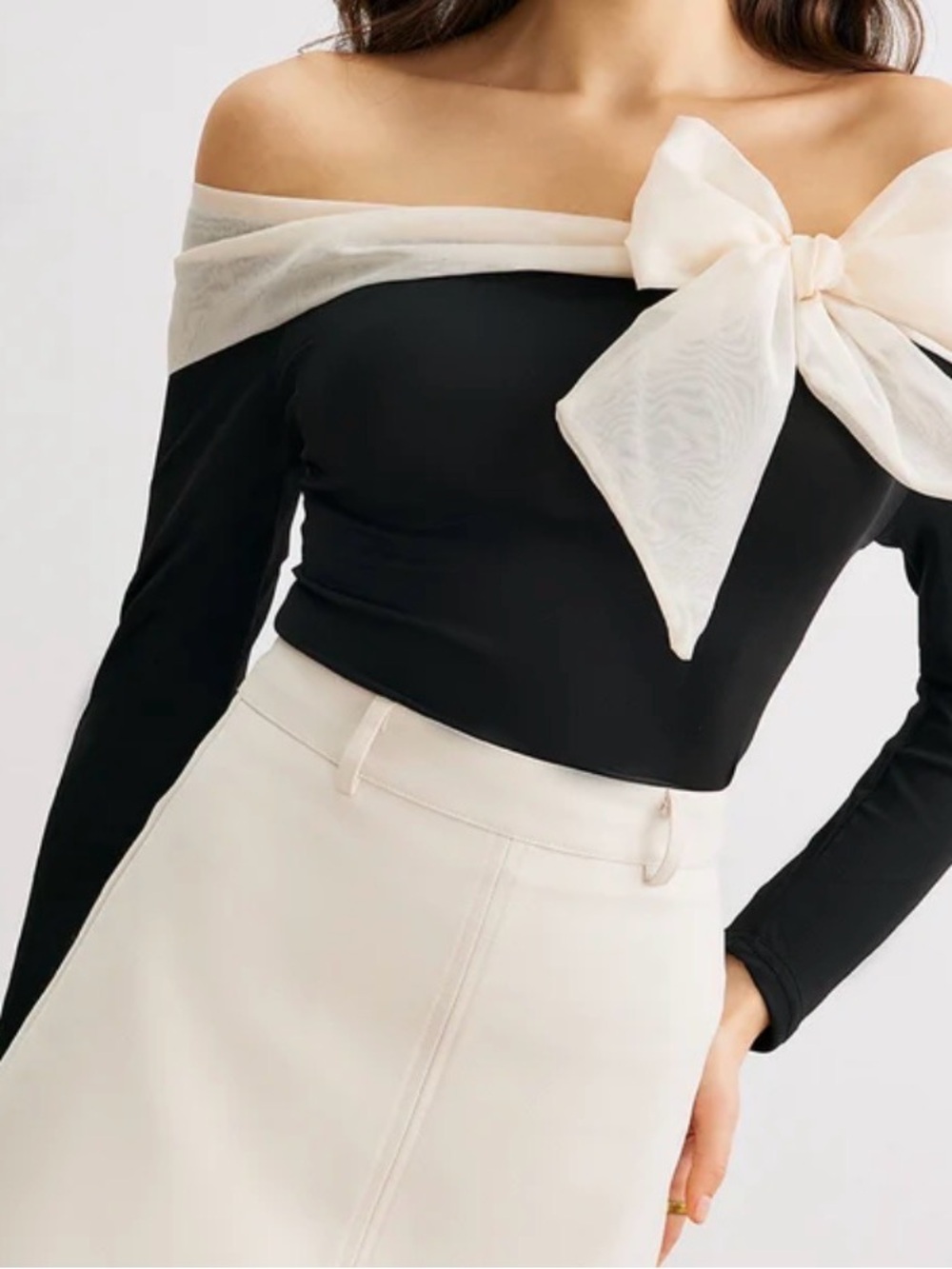 Commense Black A-Line Skirt with Cream Bow Accent